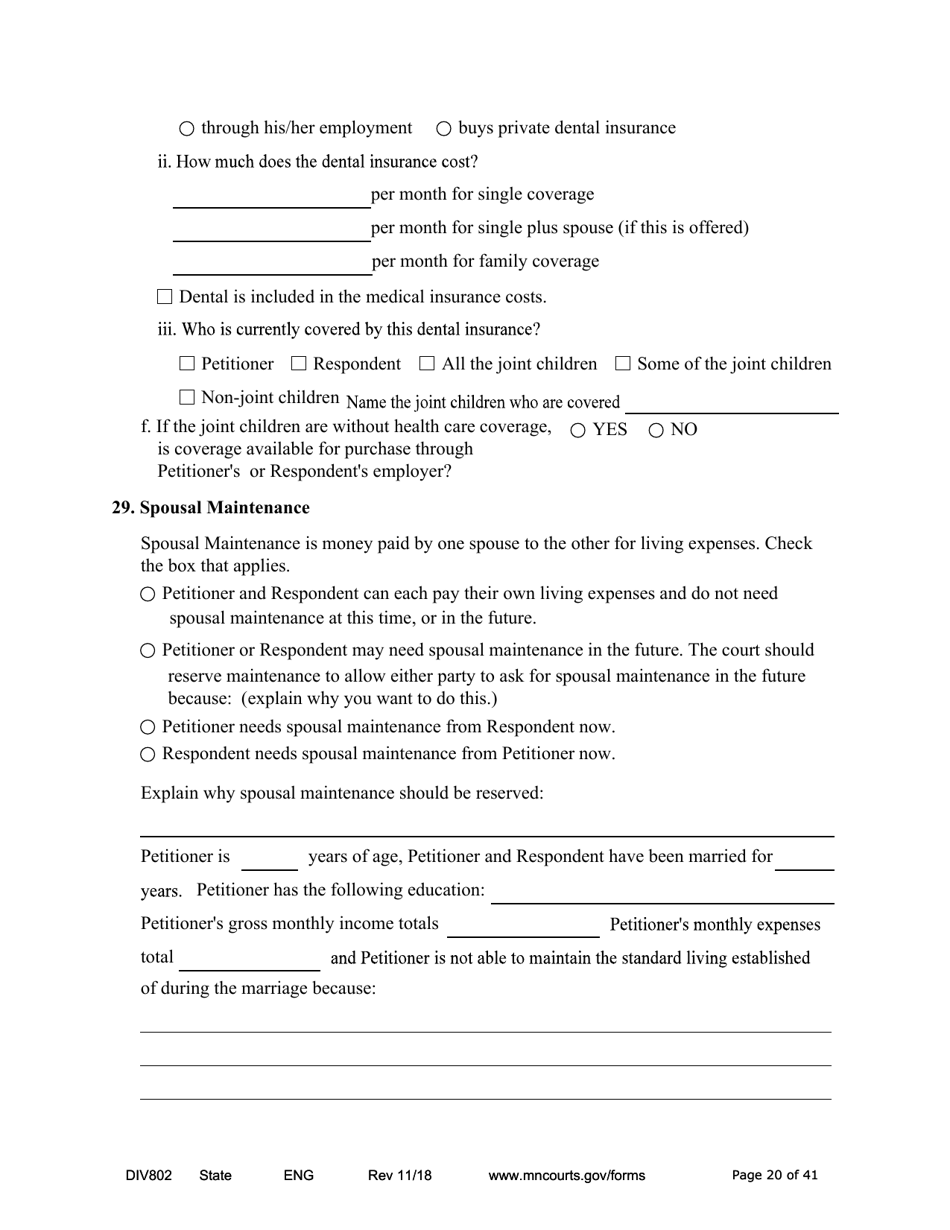 Form DIV802 Petition for Dissolution of Marriage With Children - Minnesota, Page 20