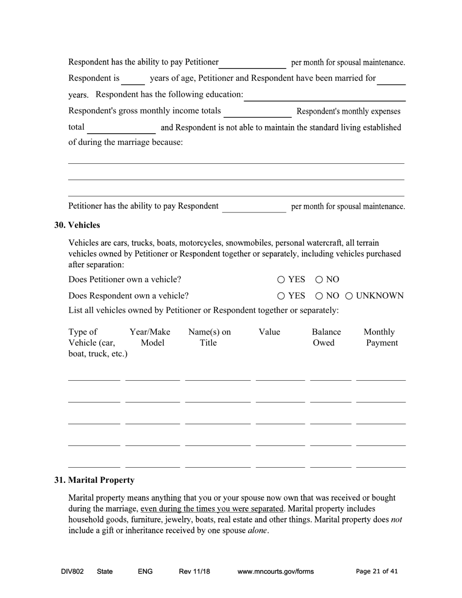 Form DIV802 Petition for Dissolution of Marriage With Children - Minnesota, Page 21