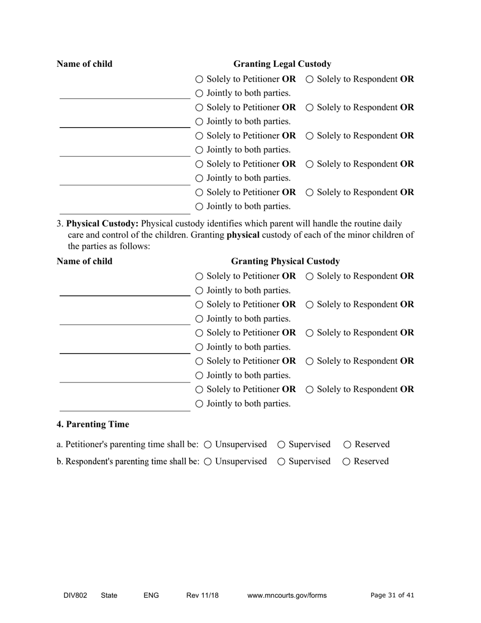 Form DIV802 Petition for Dissolution of Marriage With Children - Minnesota, Page 31