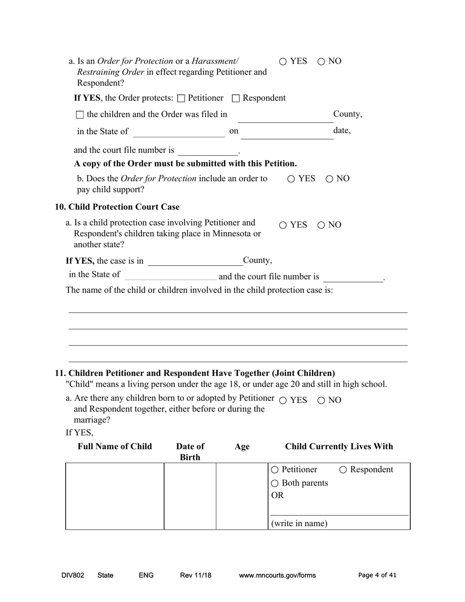 Form DIV802 Petition for Dissolution of Marriage With Children - Minnesota, Page 4