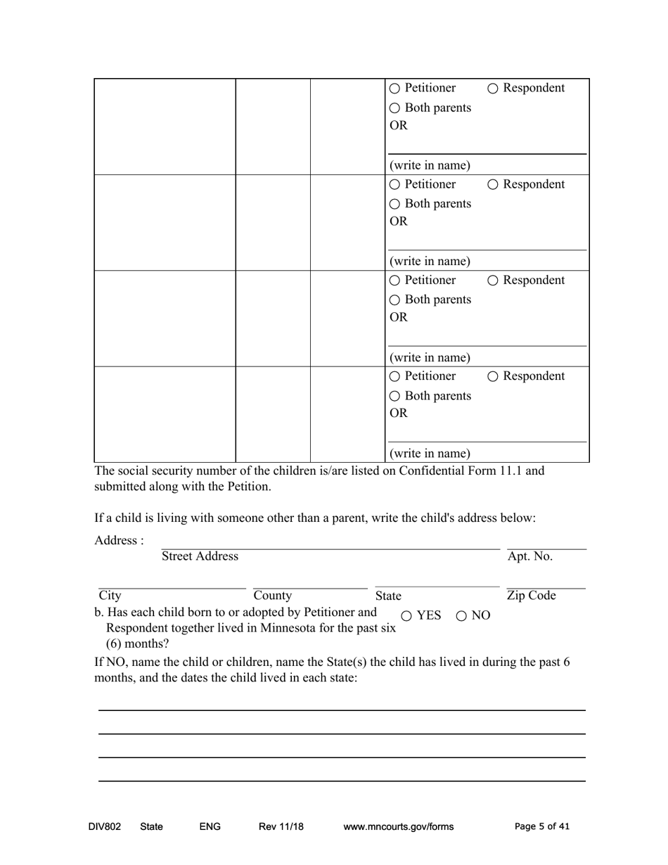 Form DIV802 Petition for Dissolution of Marriage With Children - Minnesota, Page 5