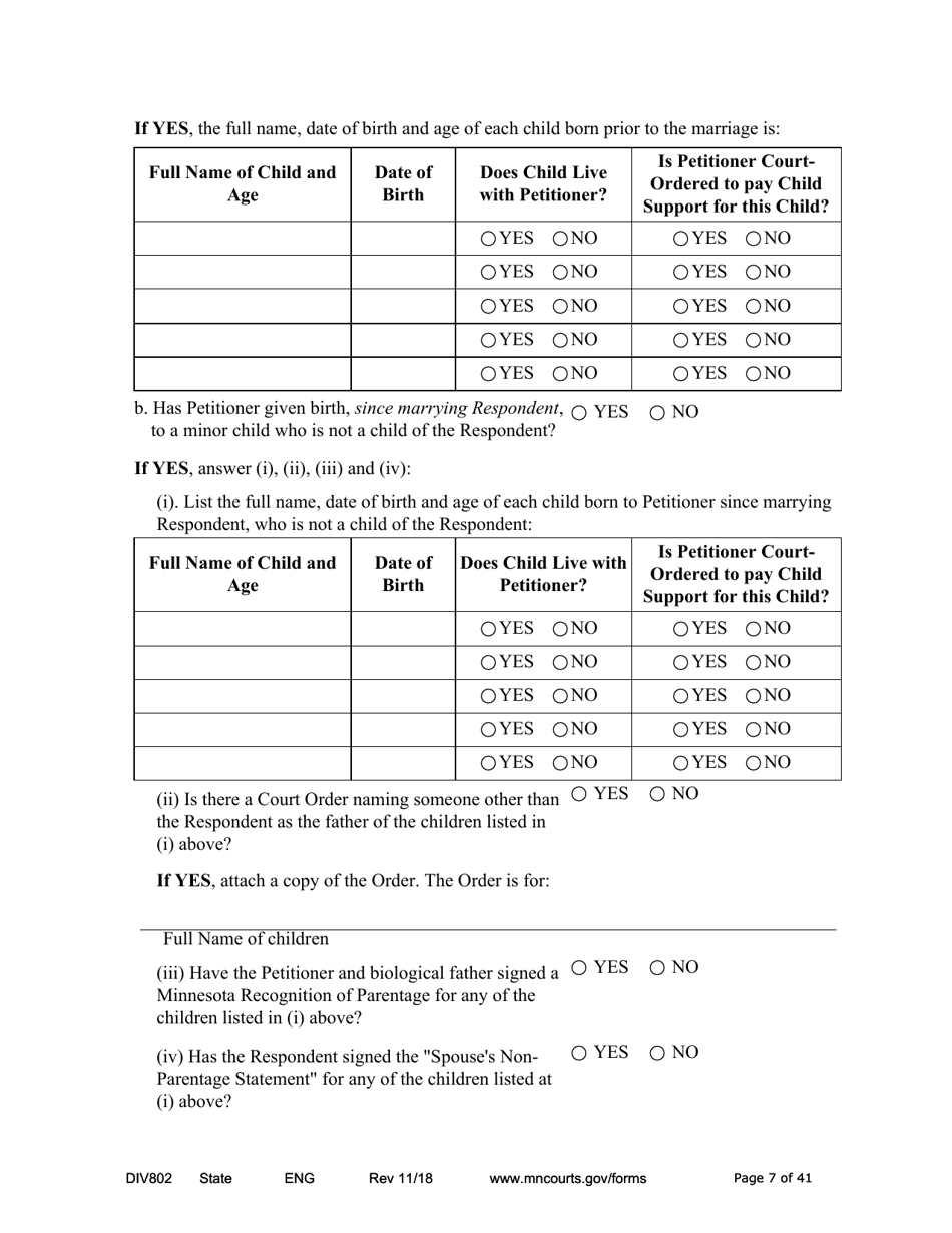 Form DIV802 Petition for Dissolution of Marriage With Children - Minnesota, Page 7