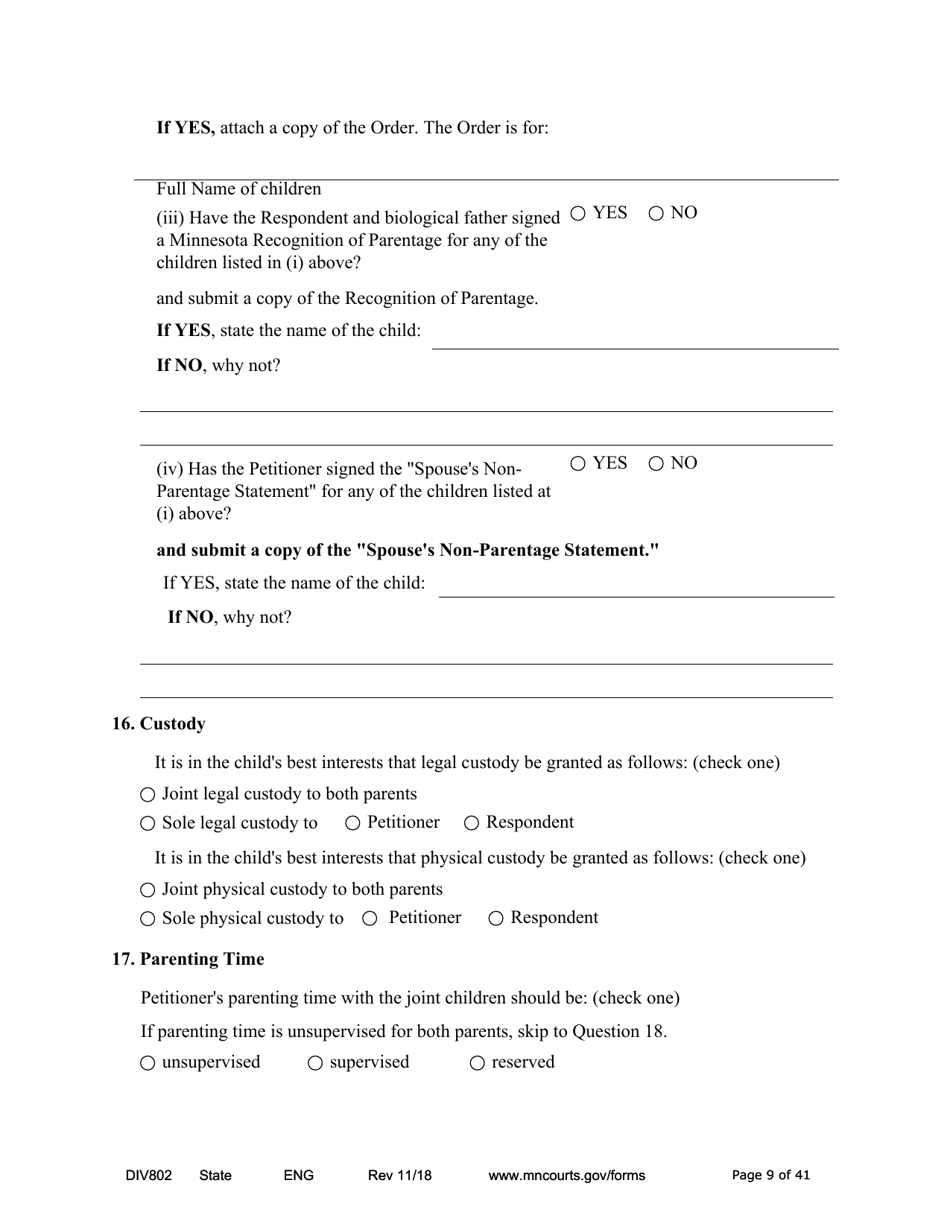 Form DIV802 Petition for Dissolution of Marriage With Children - Minnesota, Page 9