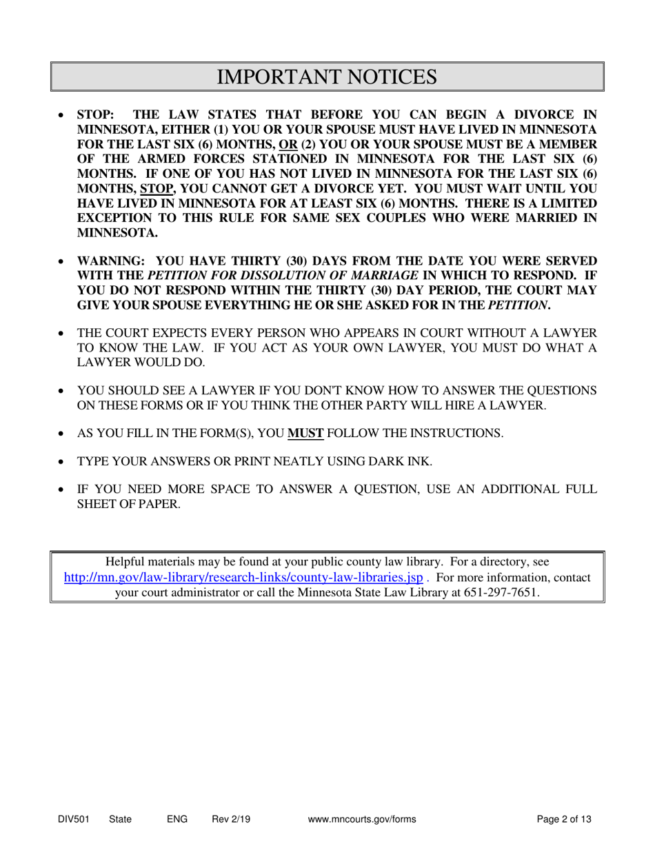 Instructions for Form DIV502 Answer and Counter Petition Without Children - Minnesota, Page 2