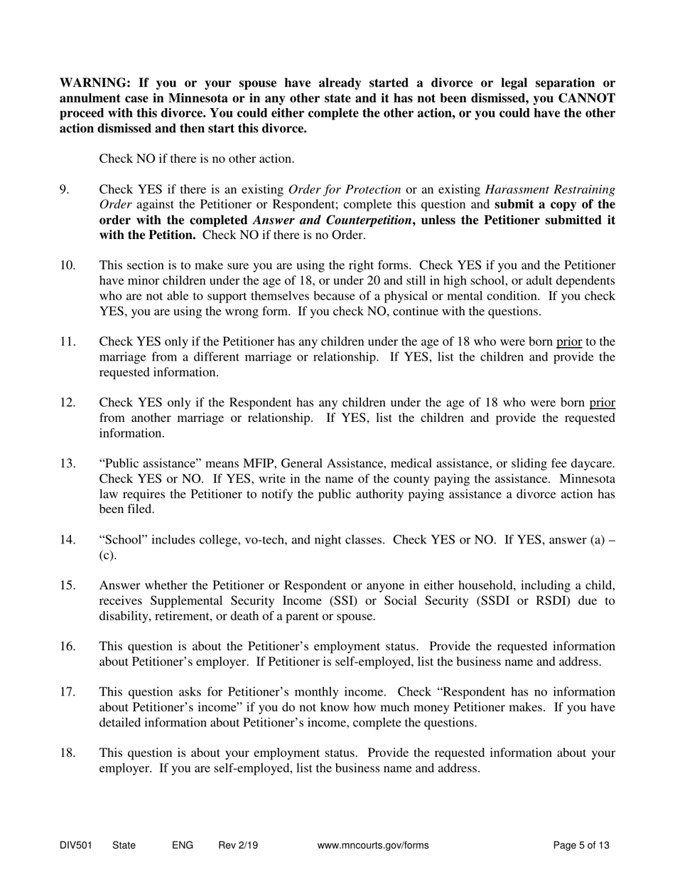 Instructions for Form DIV502 Answer and Counter Petition Without Children - Minnesota, Page 5