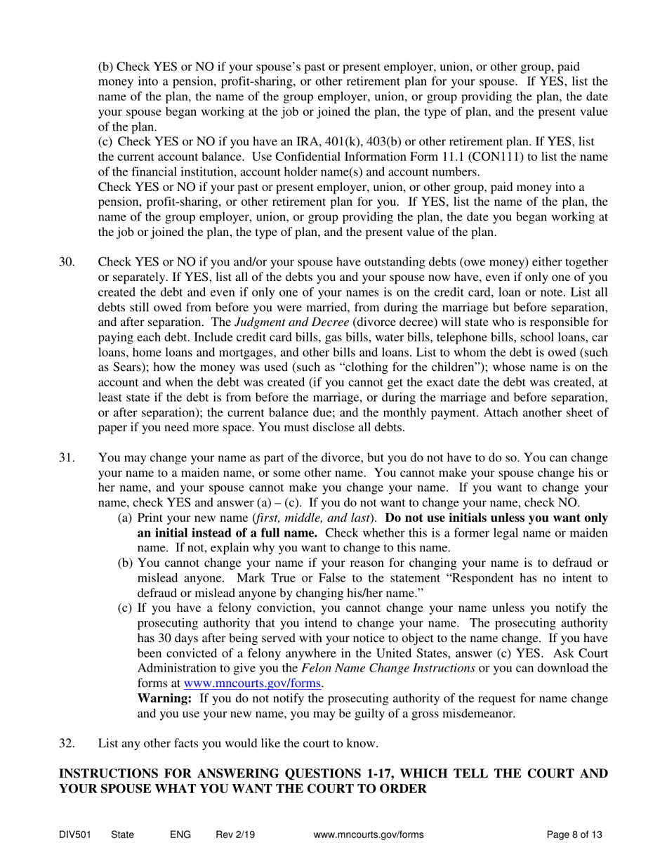 Instructions for Form DIV502 Answer and Counter Petition Without Children - Minnesota, Page 8
