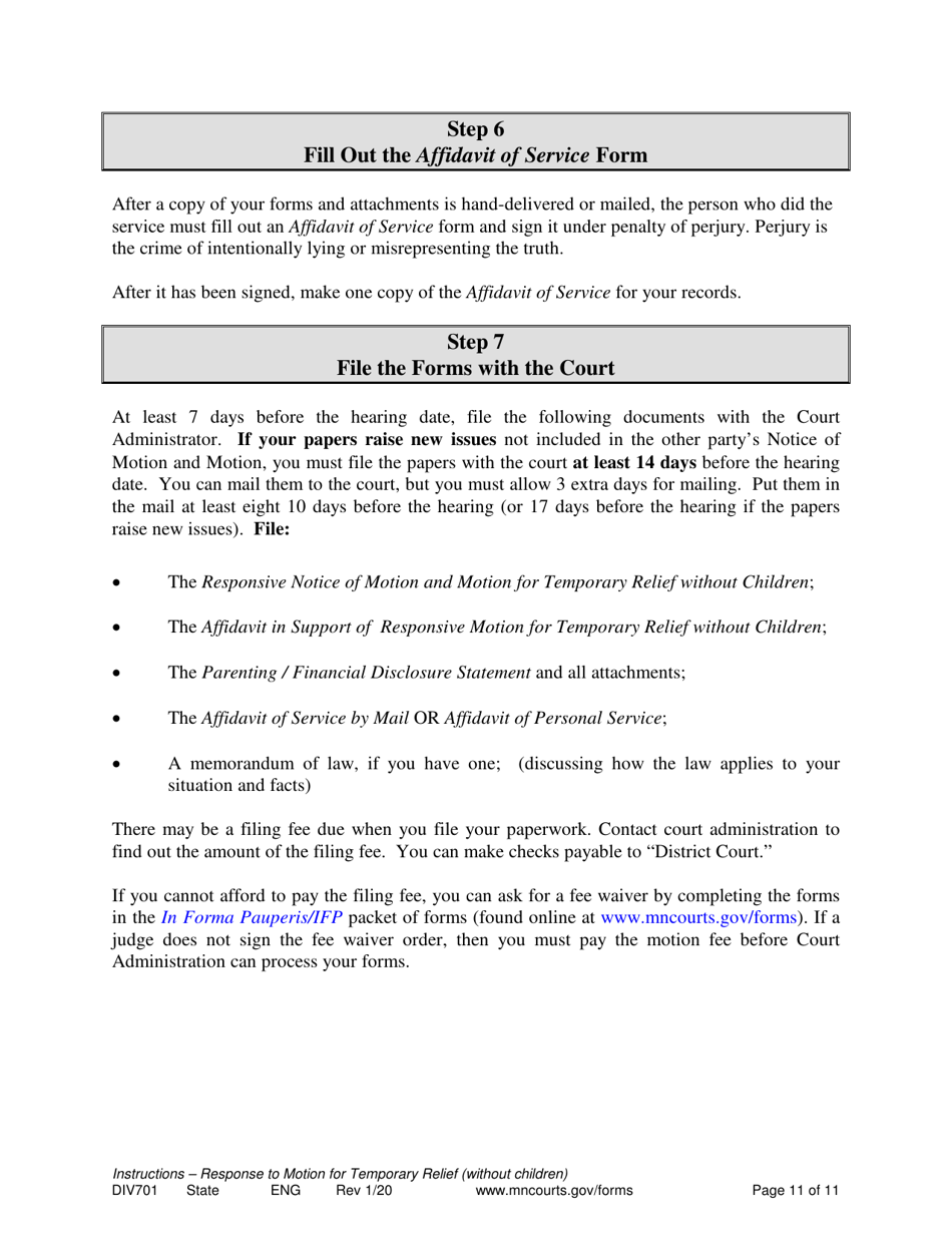 Form DIV701 Response to Request for Temporary Relief Pending Final Hearing Without Children - Minnesota, Page 11