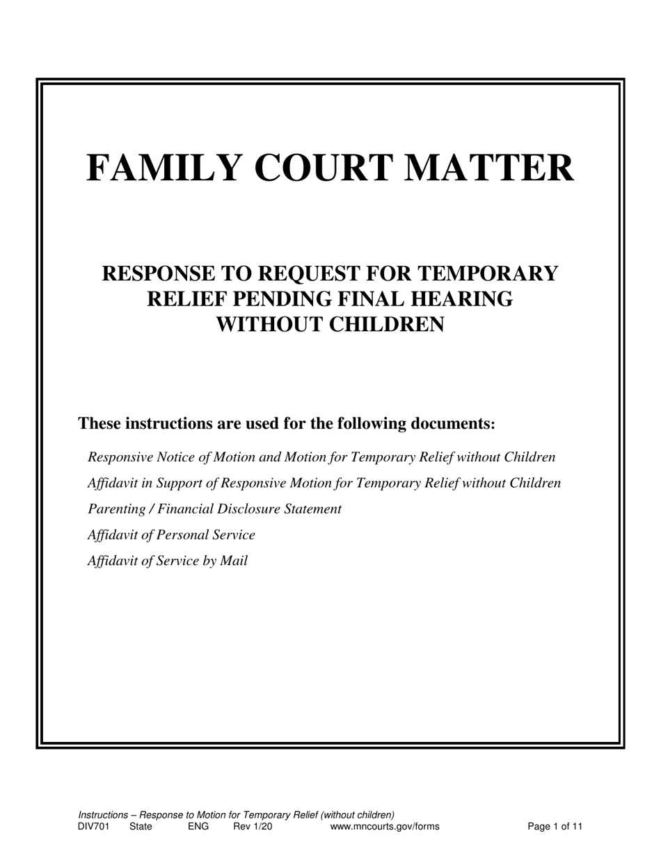 Form DIV701 Response to Request for Temporary Relief Pending Final Hearing Without Children - Minnesota, Page 1