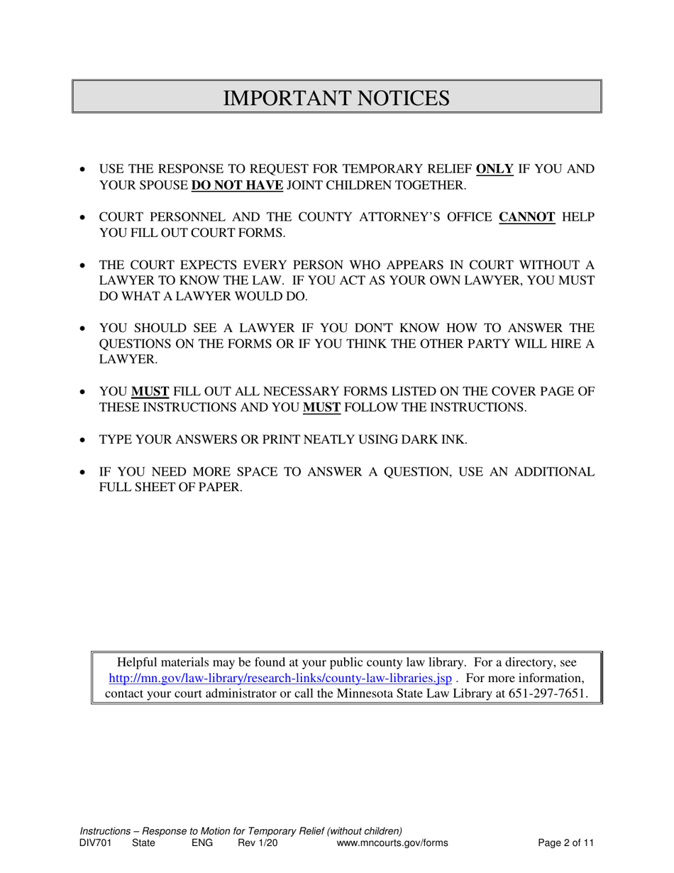 Form DIV701 Response to Request for Temporary Relief Pending Final Hearing Without Children - Minnesota, Page 2