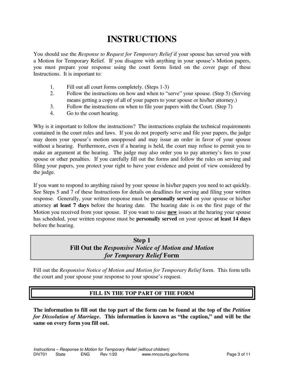 Form DIV701 Response to Request for Temporary Relief Pending Final Hearing Without Children - Minnesota, Page 3