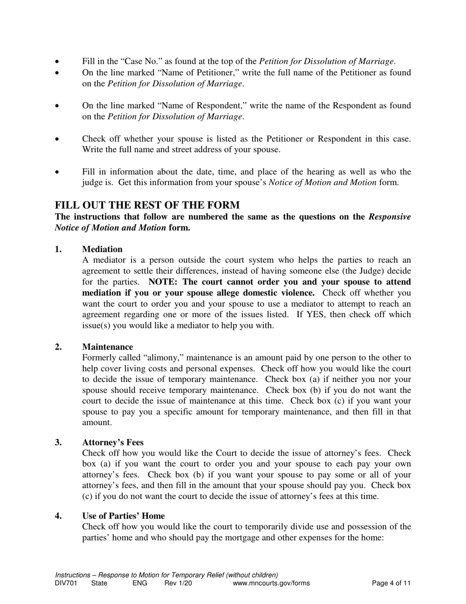 Form DIV701 Response to Request for Temporary Relief Pending Final Hearing Without Children - Minnesota, Page 4
