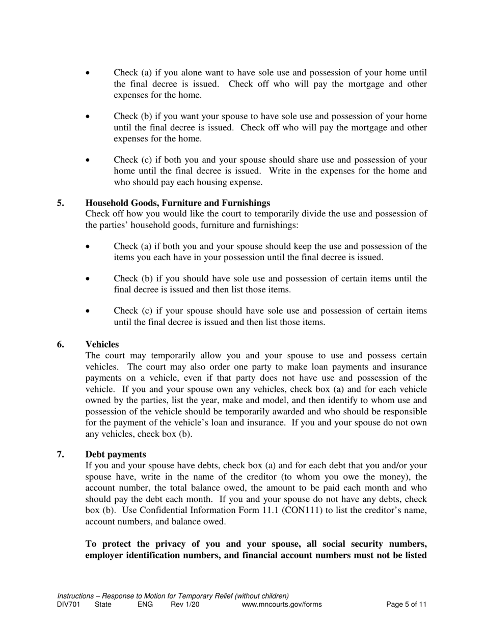 Form DIV701 Response to Request for Temporary Relief Pending Final Hearing Without Children - Minnesota, Page 5
