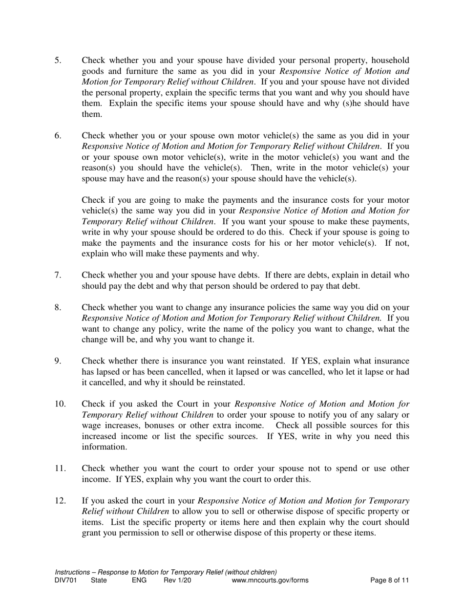 Form DIV701 Response to Request for Temporary Relief Pending Final Hearing Without Children - Minnesota, Page 8