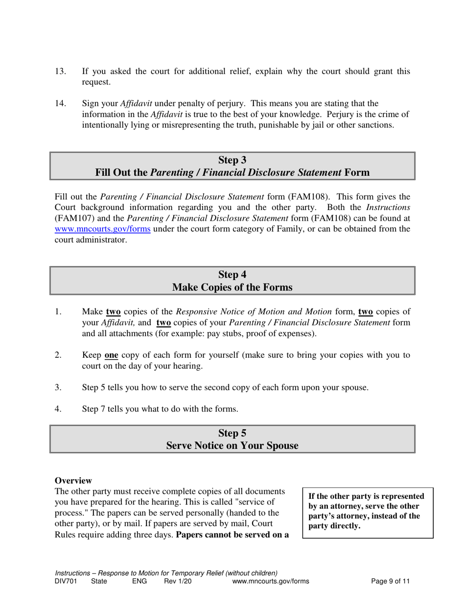 Form DIV701 Response to Request for Temporary Relief Pending Final Hearing Without Children - Minnesota, Page 9