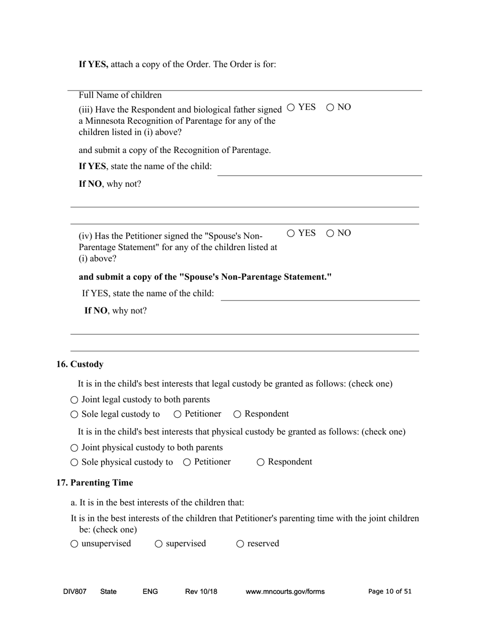 Form DIV807 Findings of Fact, Conclusions of Law, Order for Judgment, Judgment and Decree - Minnesota, Page 10
