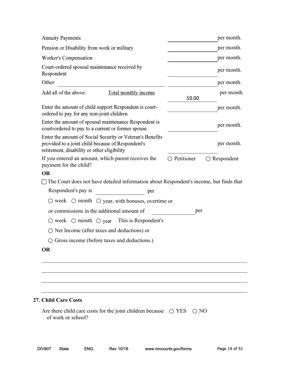 Form DIV807 Findings of Fact, Conclusions of Law, Order for Judgment, Judgment and Decree - Minnesota, Page 19
