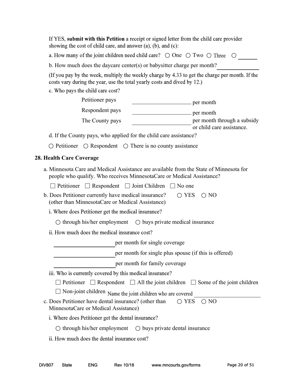 Form DIV807 Findings of Fact, Conclusions of Law, Order for Judgment, Judgment and Decree - Minnesota, Page 20