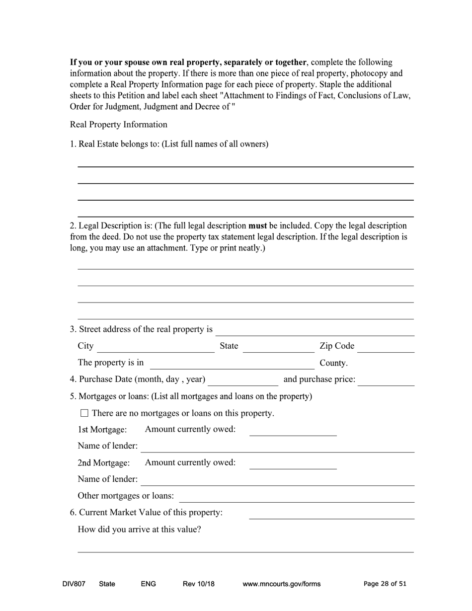 Form DIV807 Findings of Fact, Conclusions of Law, Order for Judgment, Judgment and Decree - Minnesota, Page 28