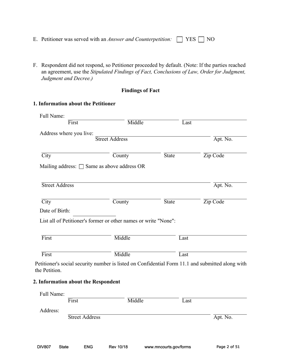 Form DIV807 Findings of Fact, Conclusions of Law, Order for Judgment, Judgment and Decree - Minnesota, Page 2