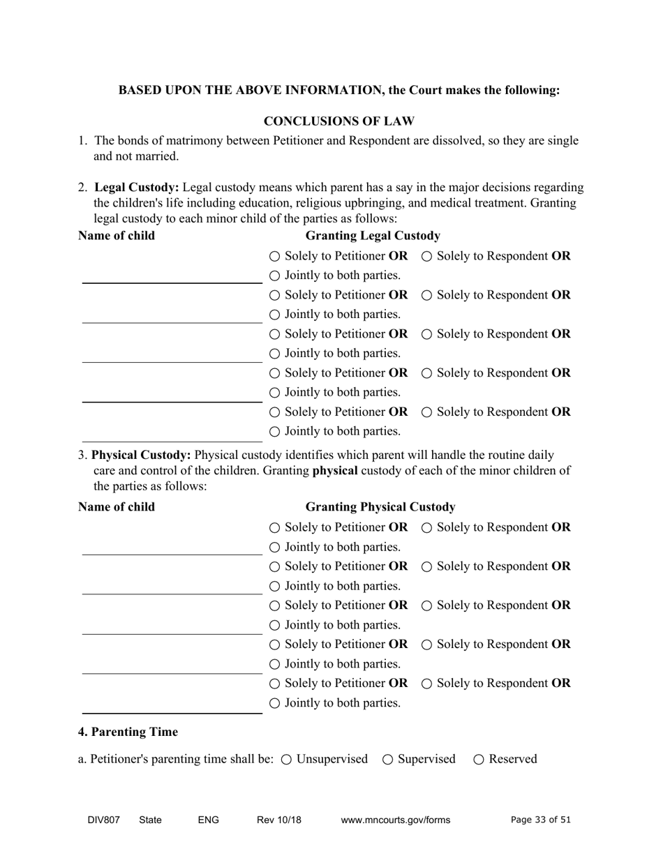 Form DIV807 Findings of Fact, Conclusions of Law, Order for Judgment, Judgment and Decree - Minnesota, Page 33
