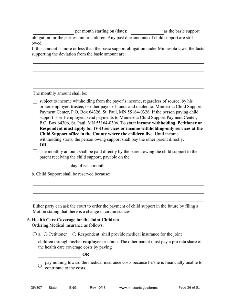 Form DIV807 Findings of Fact, Conclusions of Law, Order for Judgment, Judgment and Decree - Minnesota, Page 36