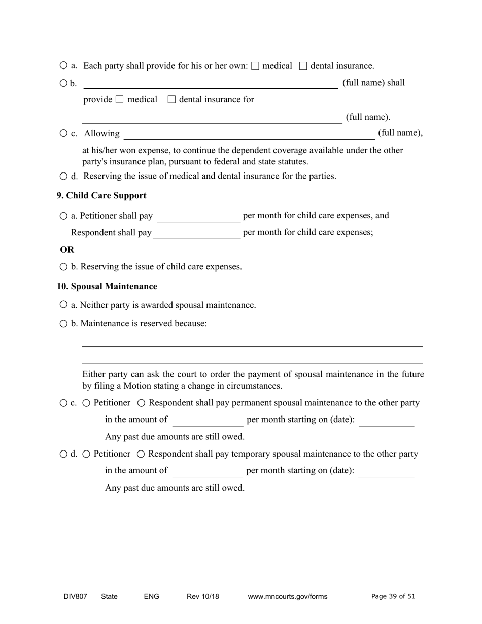Form DIV807 Findings of Fact, Conclusions of Law, Order for Judgment, Judgment and Decree - Minnesota, Page 39