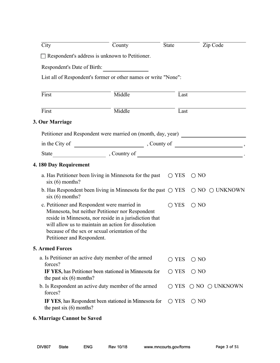 Form DIV807 Findings of Fact, Conclusions of Law, Order for Judgment, Judgment and Decree - Minnesota, Page 3