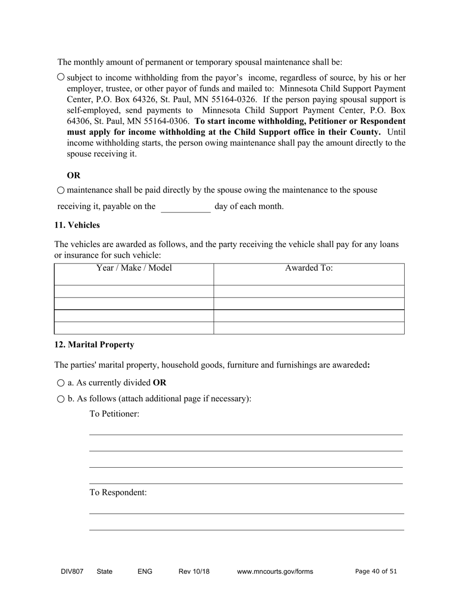 Form DIV807 Findings of Fact, Conclusions of Law, Order for Judgment, Judgment and Decree - Minnesota, Page 40