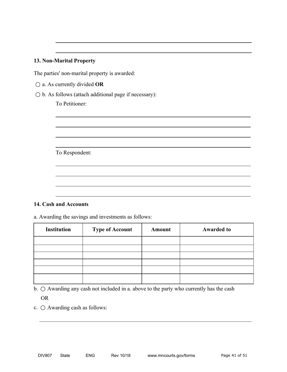 Form DIV807 Findings of Fact, Conclusions of Law, Order for Judgment, Judgment and Decree - Minnesota, Page 41