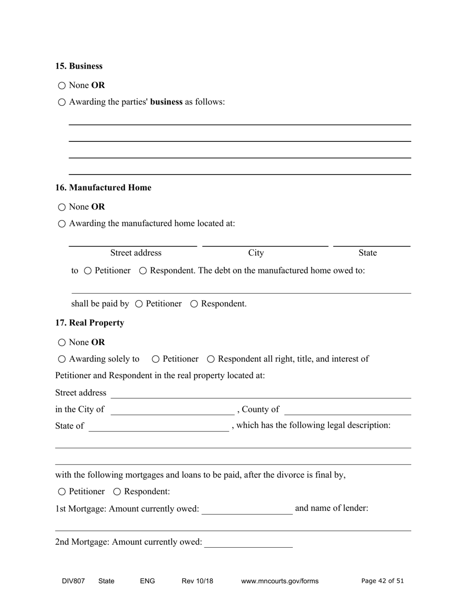 Form DIV807 Findings of Fact, Conclusions of Law, Order for Judgment, Judgment and Decree - Minnesota, Page 42