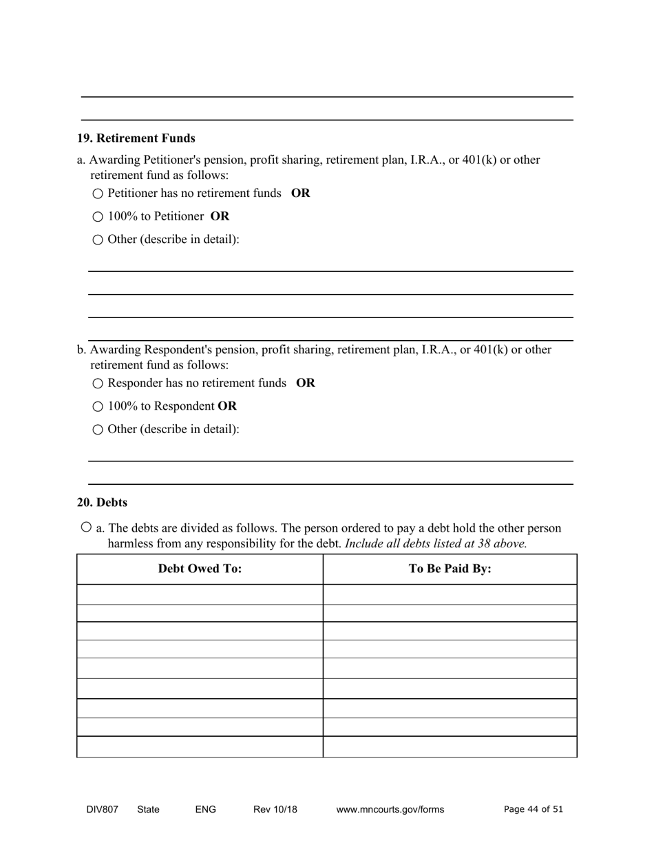 Form DIV807 Findings of Fact, Conclusions of Law, Order for Judgment, Judgment and Decree - Minnesota, Page 44