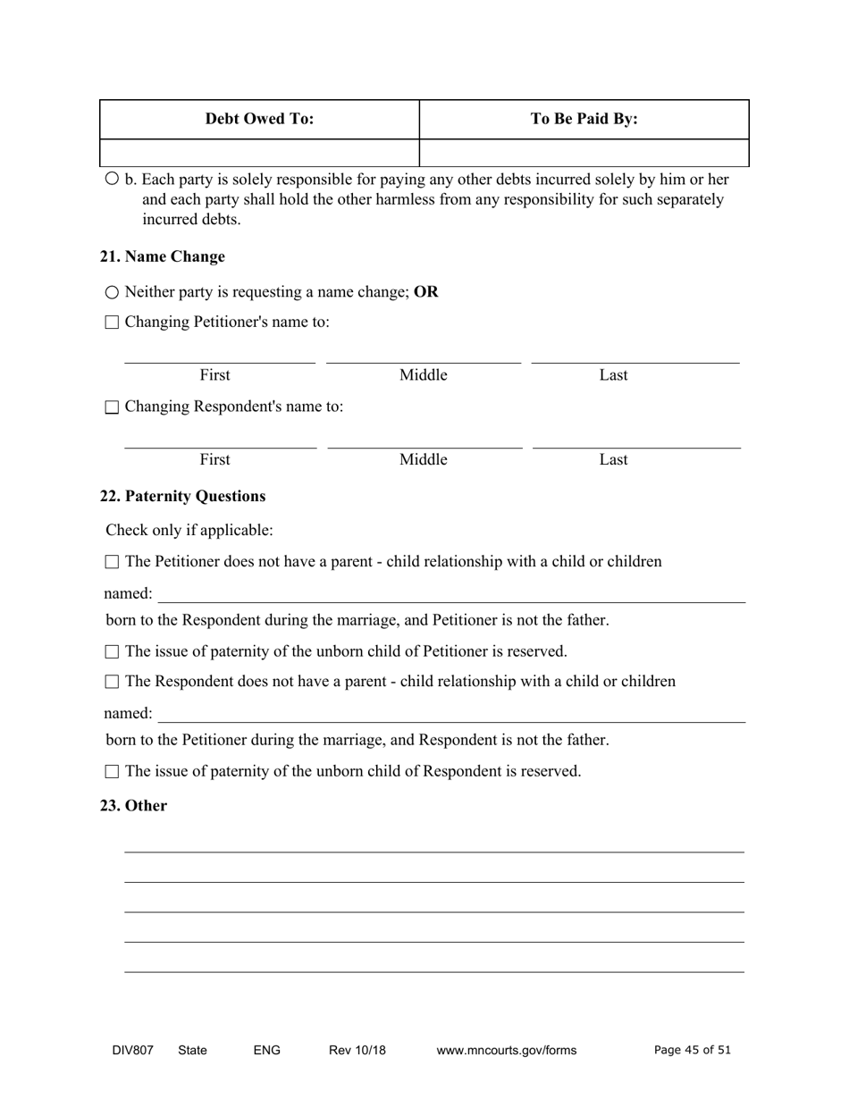 Form DIV807 Findings of Fact, Conclusions of Law, Order for Judgment, Judgment and Decree - Minnesota, Page 45