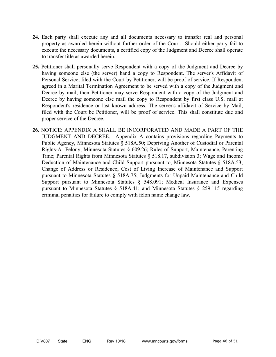 Form DIV807 Findings of Fact, Conclusions of Law, Order for Judgment, Judgment and Decree - Minnesota, Page 46