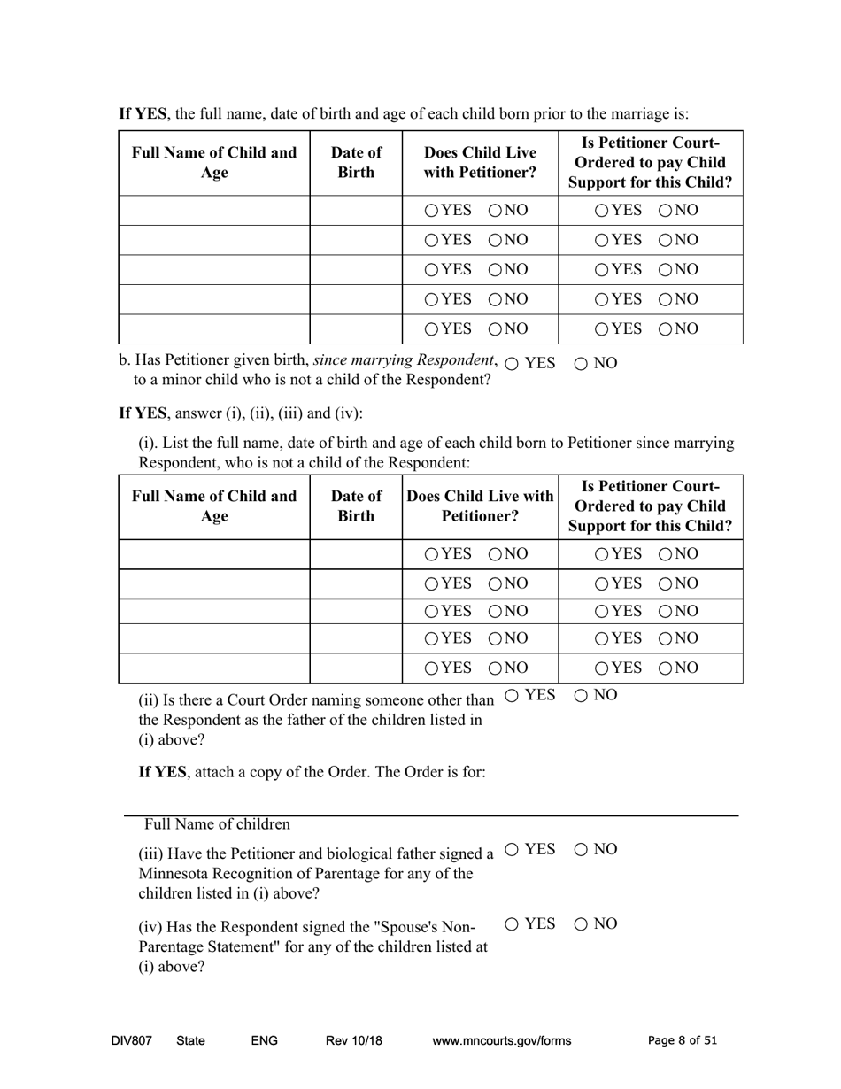 Form DIV807 Findings of Fact, Conclusions of Law, Order for Judgment, Judgment and Decree - Minnesota, Page 8