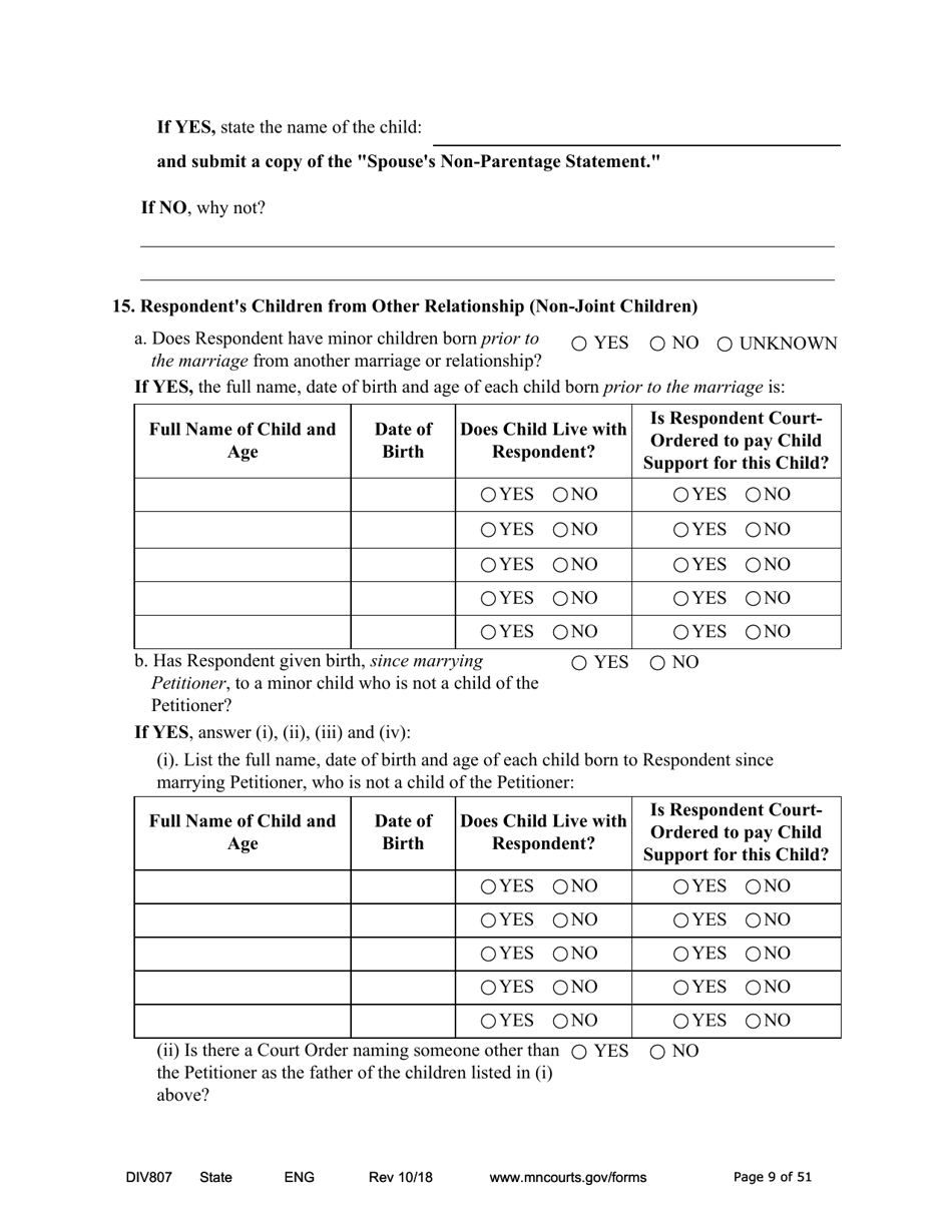 Form DIV807 Findings of Fact, Conclusions of Law, Order for Judgment, Judgment and Decree - Minnesota, Page 9