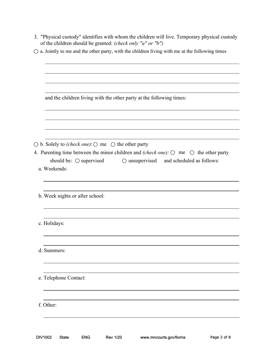 Form DIV1002 Notice of Motion and Motion for Temporary Relief With Children - Minnesota, Page 2