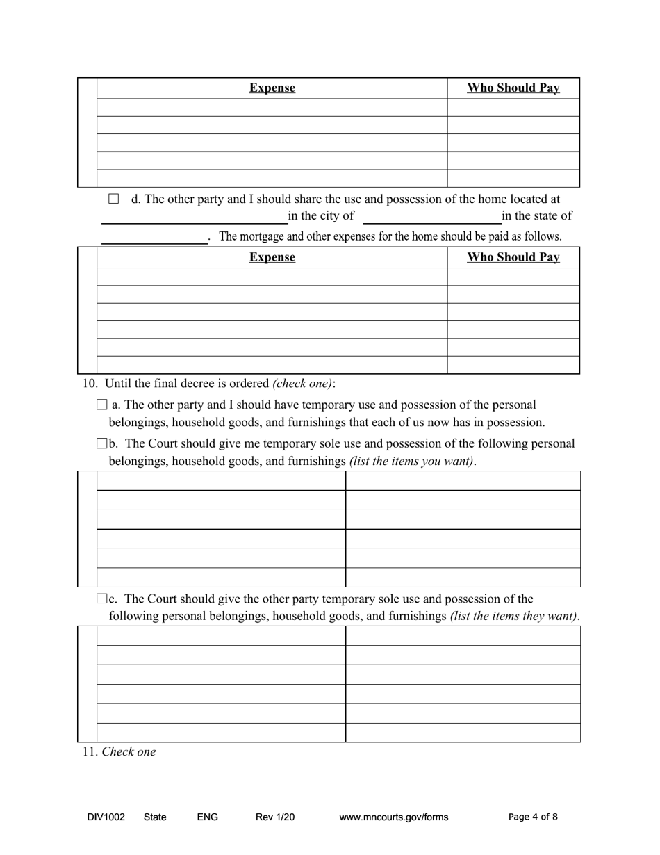 Form DIV1002 Notice of Motion and Motion for Temporary Relief With Children - Minnesota, Page 4
