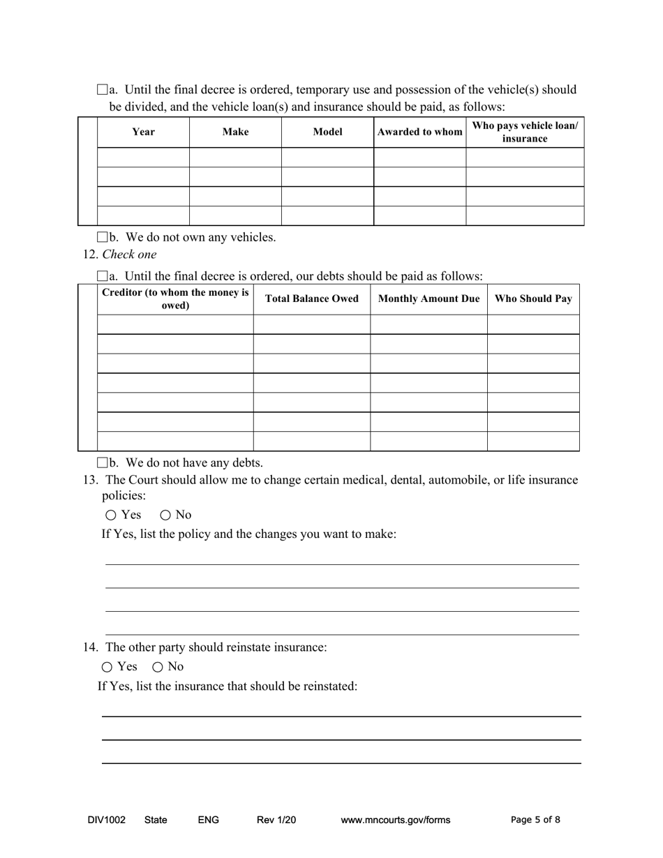 Form DIV1002 Notice of Motion and Motion for Temporary Relief With Children - Minnesota, Page 5