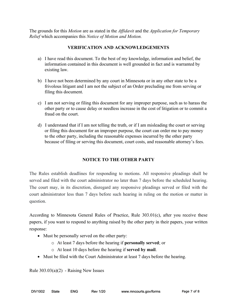Form DIV1002 Notice of Motion and Motion for Temporary Relief With Children - Minnesota, Page 7