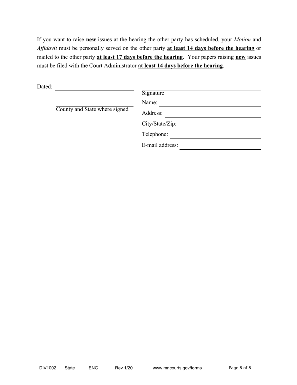 Form DIV1002 Notice of Motion and Motion for Temporary Relief With Children - Minnesota, Page 8