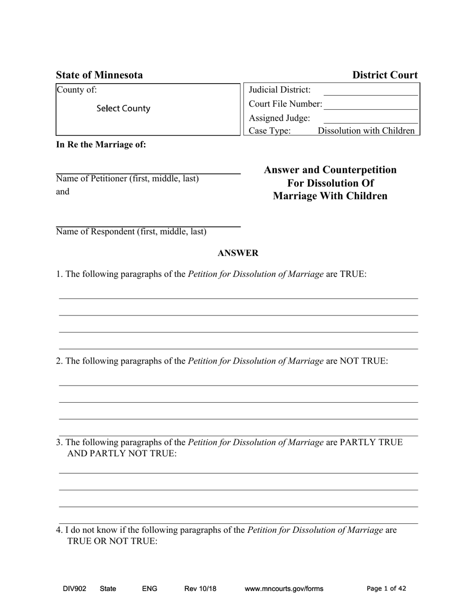 Form DIV902 Answer and Counterpetition for Dissolution of Marriage With Children - Minnesota, Page 1