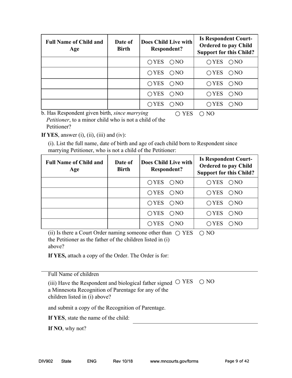 Form DIV902 Answer and Counterpetition for Dissolution of Marriage With Children - Minnesota, Page 9