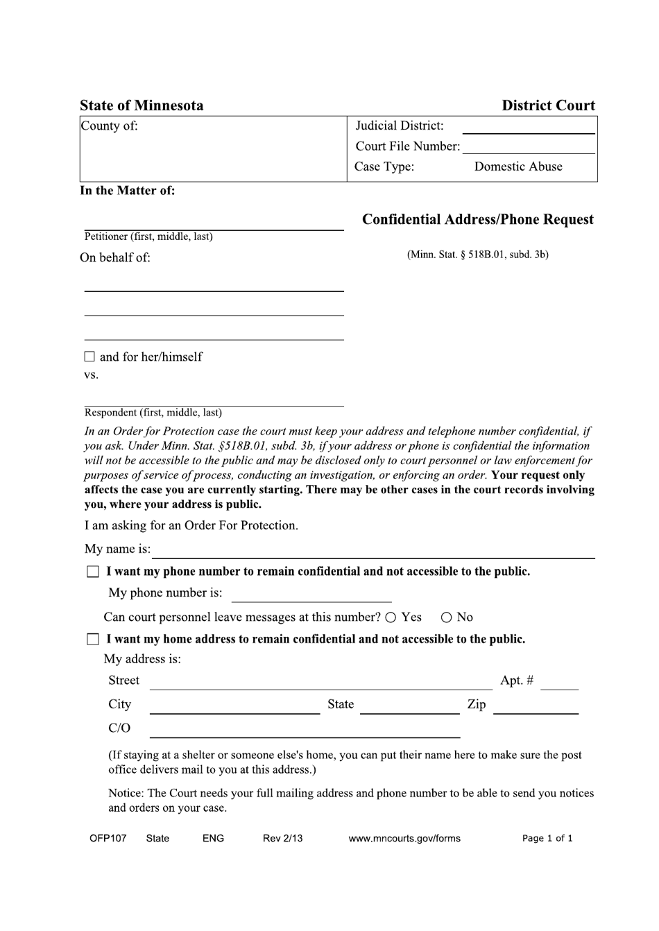 Form OFP107 Confidential Address / Phone Request - Minnesota, Page 1