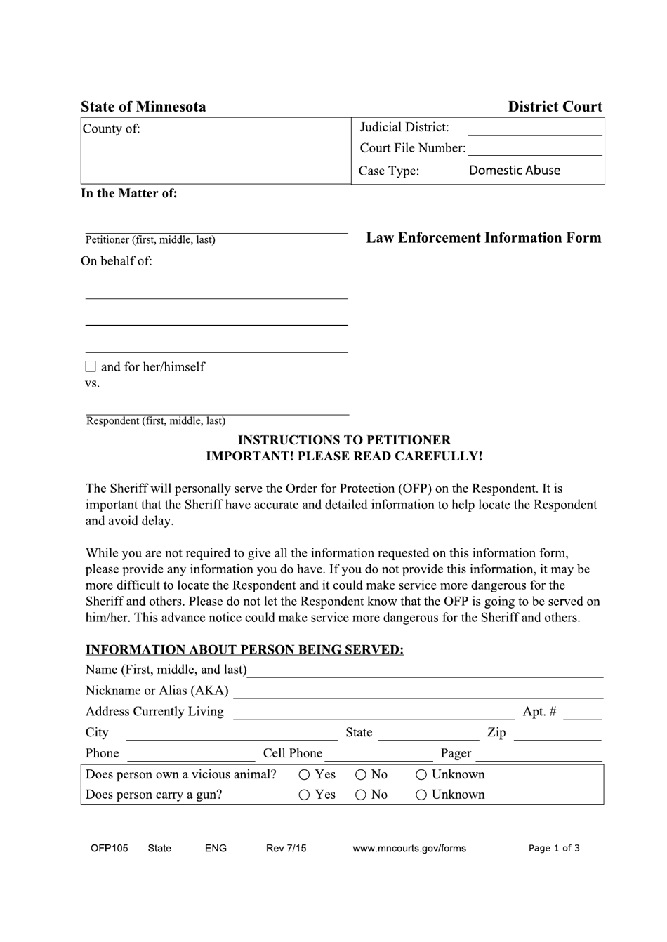 Form OFP105 Law Enforcement Information Form - Minnesota, Page 1