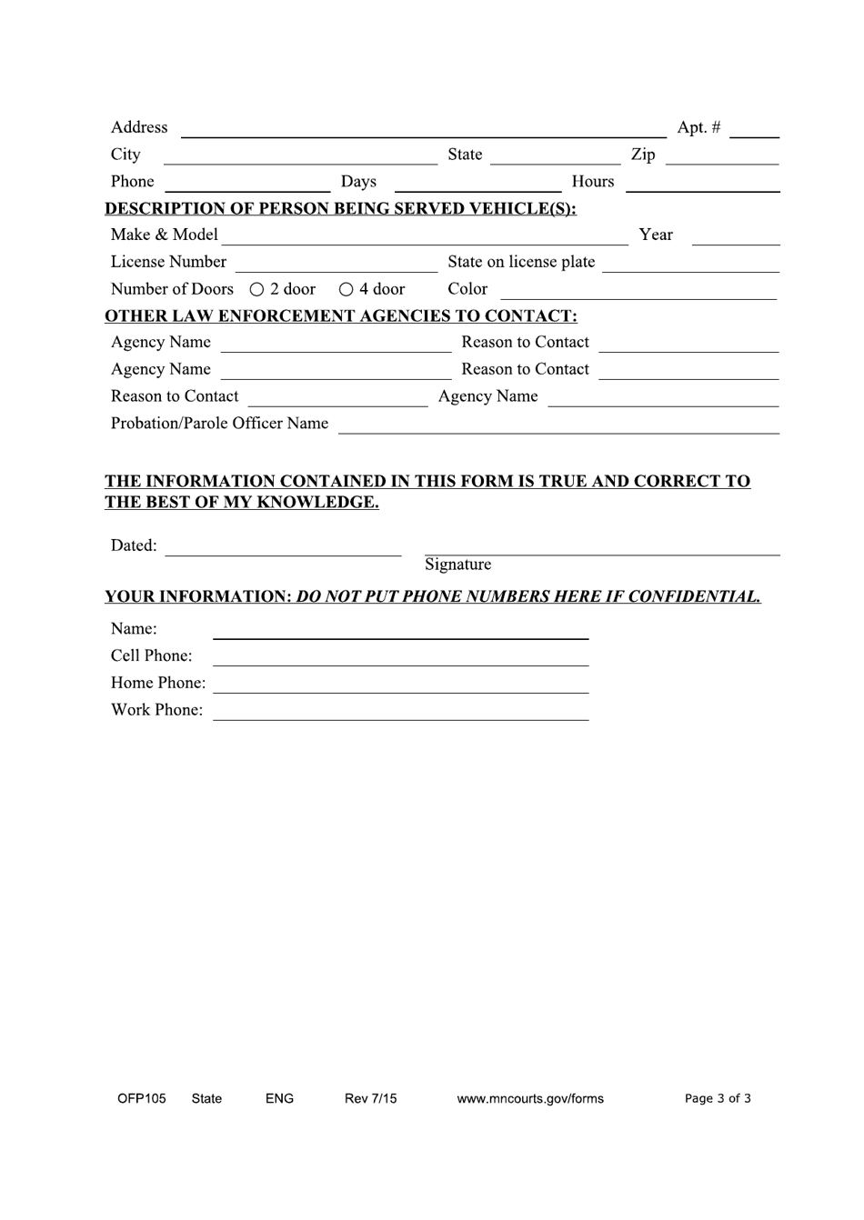 Form OFP105 Law Enforcement Information Form - Minnesota, Page 3
