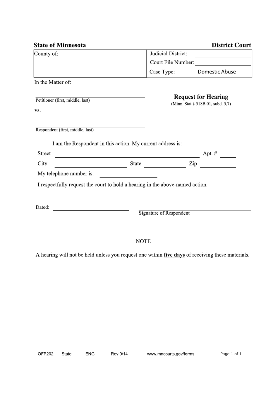 Form OFP202 Request for Hearing - Minnesota, Page 1