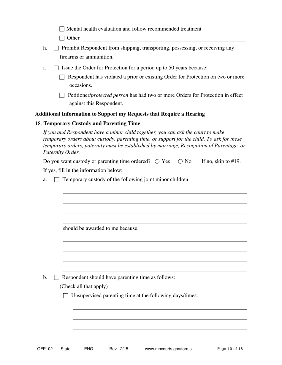 Form OFP102 Petitioners Affidavit and Petition for Order for Protection - Minnesota, Page 10