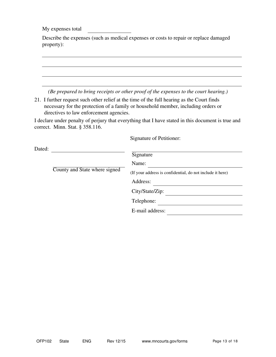 Form OFP102 Petitioners Affidavit and Petition for Order for Protection - Minnesota, Page 13