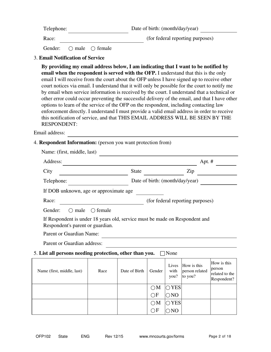Form OFP102 Petitioners Affidavit and Petition for Order for Protection - Minnesota, Page 2