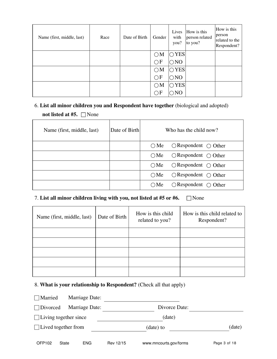 Form OFP102 Petitioners Affidavit and Petition for Order for Protection - Minnesota, Page 3